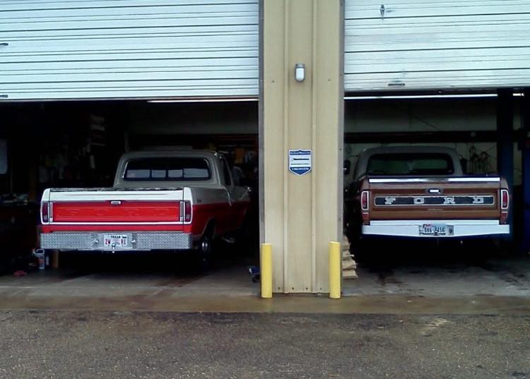 Classic customer truck in the Kubin Automotive shop bay, Bryan, TX